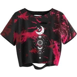 Women's Casual Short Sleeve Graphic Print Tie Dye Crop Top T Shirt 🖤🌙